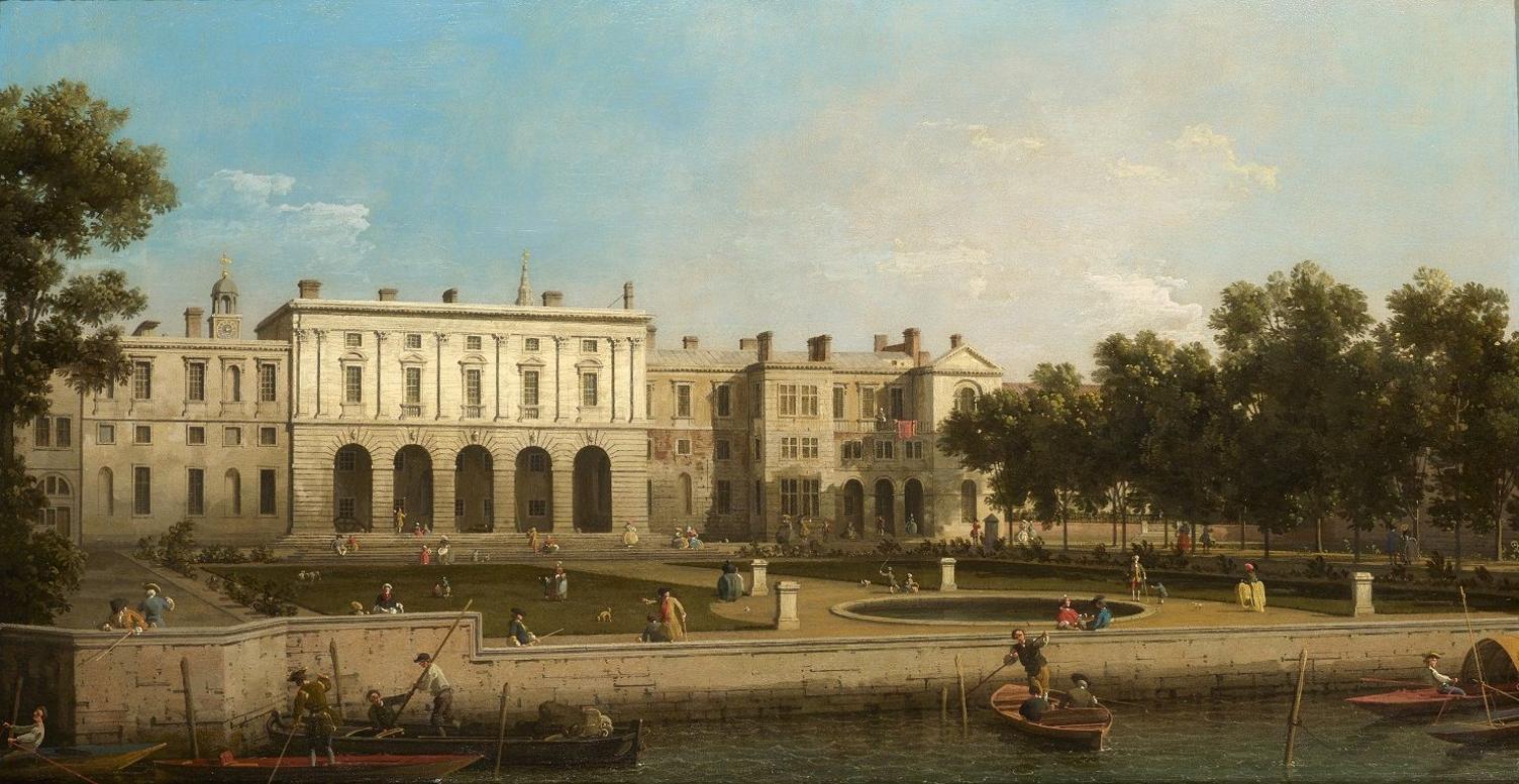 A painting of Old Somerset House from the River Thames by Giovanni Canaletto - showing a large garden from the front of the building extending all the way down to the River Thames 