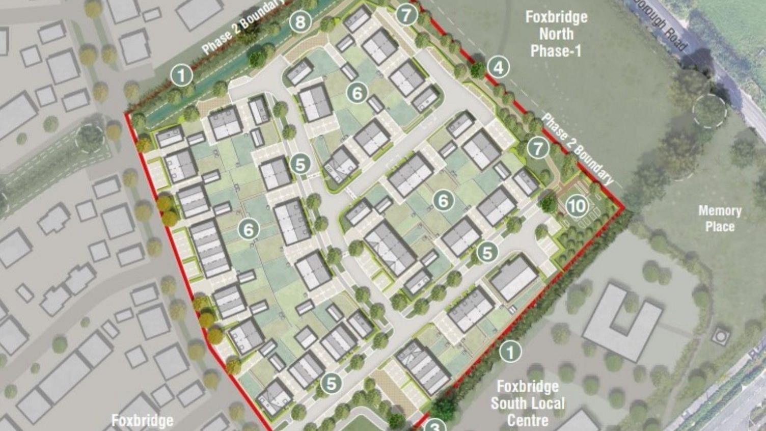 An artist's illustration of a map with a boundary that shows the development area in Foxbridge. The plot of 71 homes is coloured in green and white, with other parts of the map shown in grey