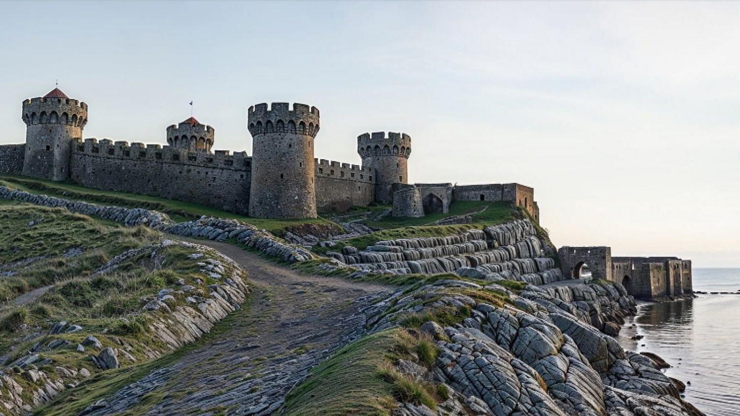 In this view, a computer generated image shows the four stone turrets of the castle that replaced the fort. A road winds up the hill beside it.