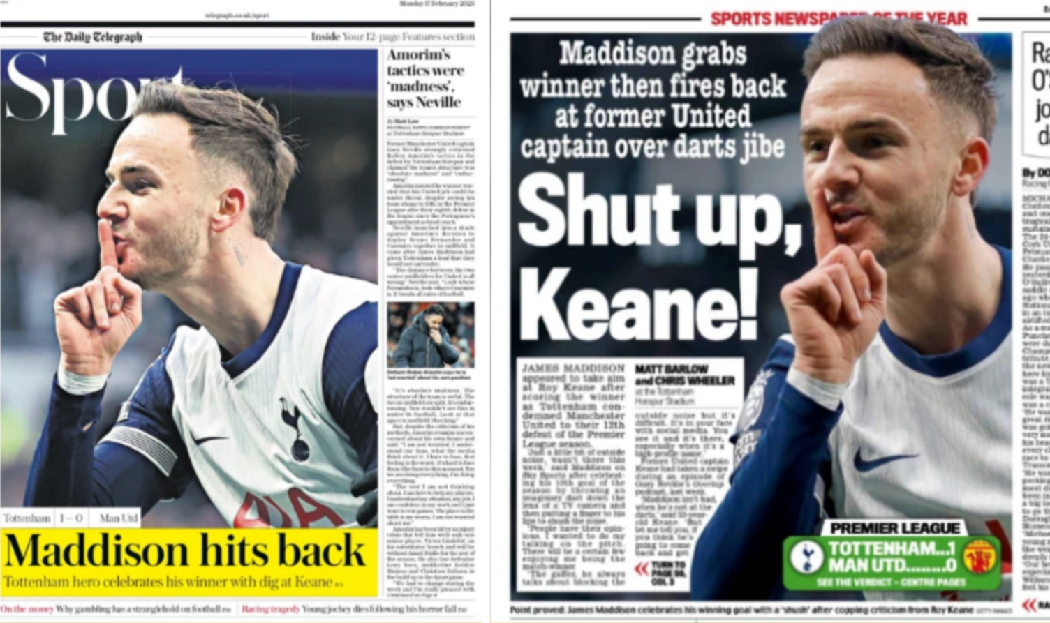James Maddison on the back page of the Telegraph and the Mail