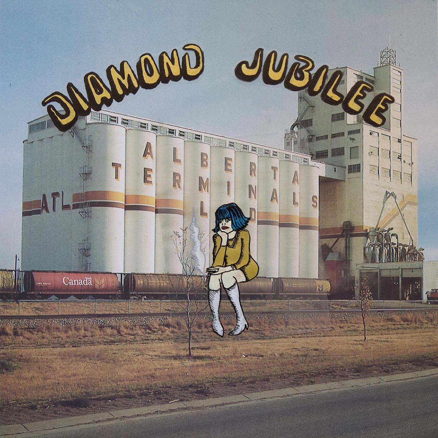 Artwork for Cindy Lee's album, Diamond Jubilee. It shows a photo of an industrial building and a train with a cartoon picture of a woman in a yellow dress appearing to sit on the train