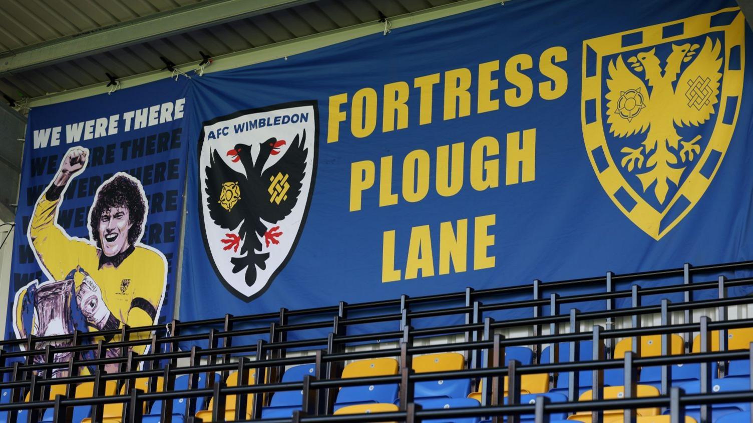 Picture of banners inside Plough Lane, AFC Wimbledon's ground