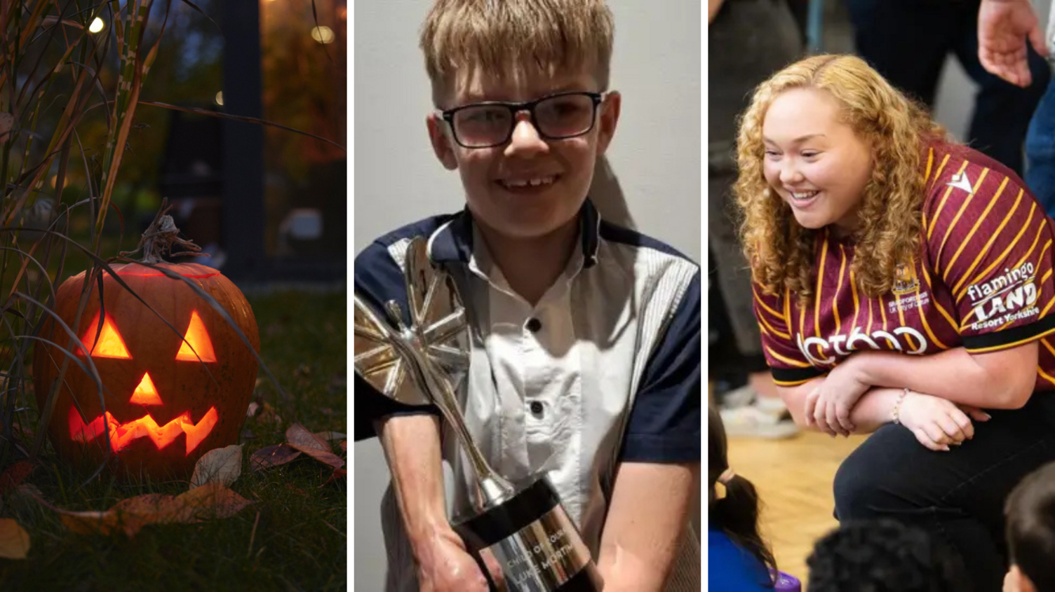 A three-panel collage. The left panel shows a carved Halloween pumpkin with a glowing face, placed on grass among autumn leaves and plants, illuminated by warm light. The centre panel features a person holding a large silver trophy with a star-shaped top, wearing a short-sleeved shirt with contrasting colours. The right panel shows another person in a Bradford City shirt crouching down indoors, with other people partially visible in the foreground.