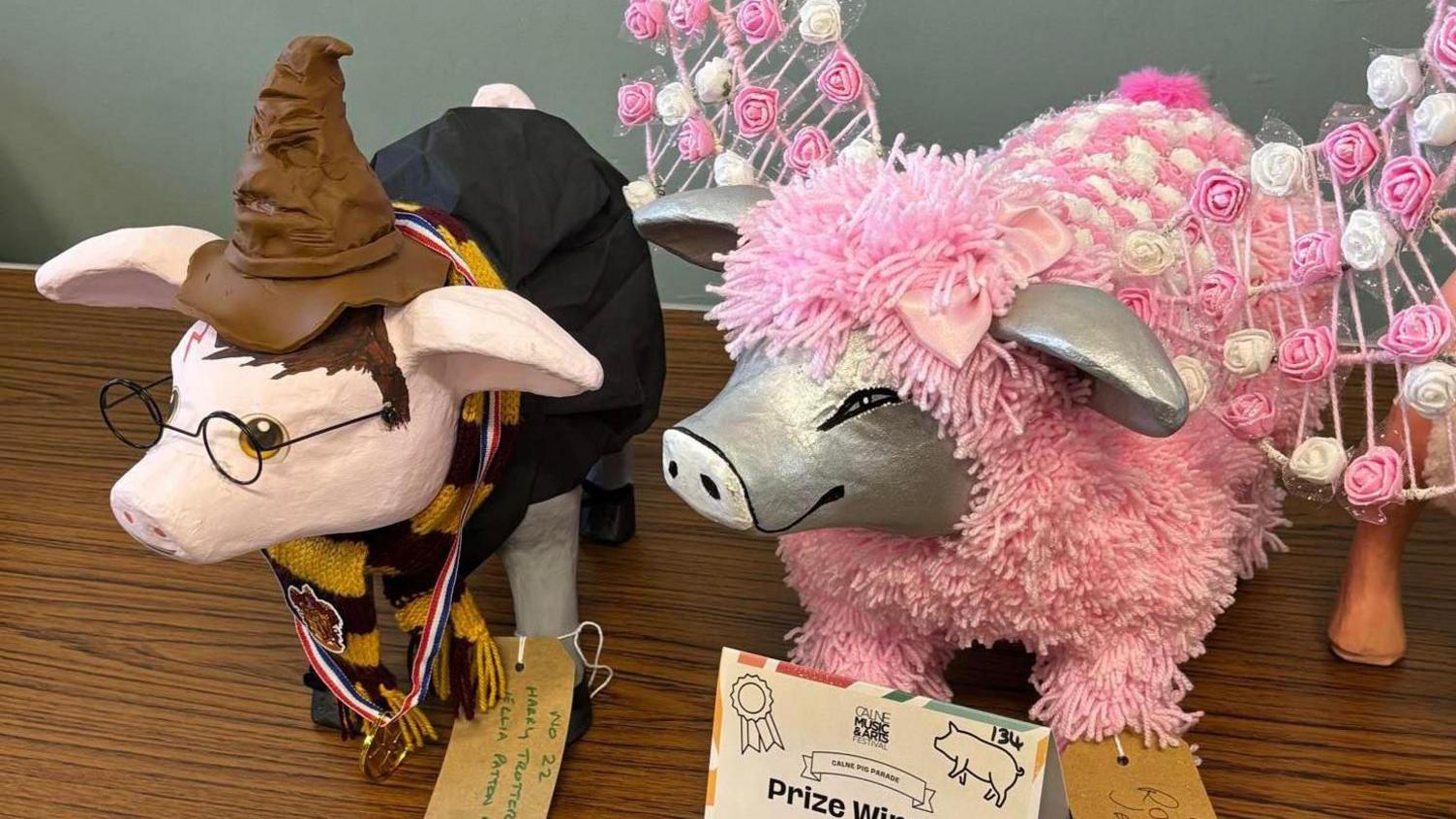 A pig dressed like Harry Potter on the left, wearing the black Hogwarts robes, scarf, Harry Potter round glasses, the arting hat and having the lightning-bolt scar painted on. He has an award medal on.
On the right is People's Vote winner Rosie the flying piggie. She is mostly pink and woolly with wings.