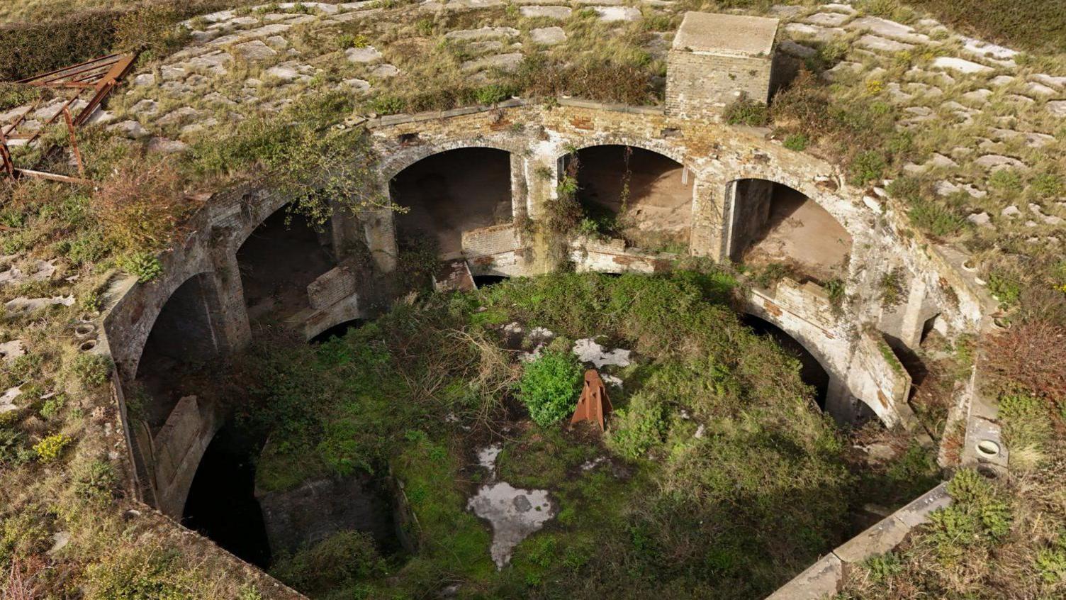 The inside of a naval defence fort. 