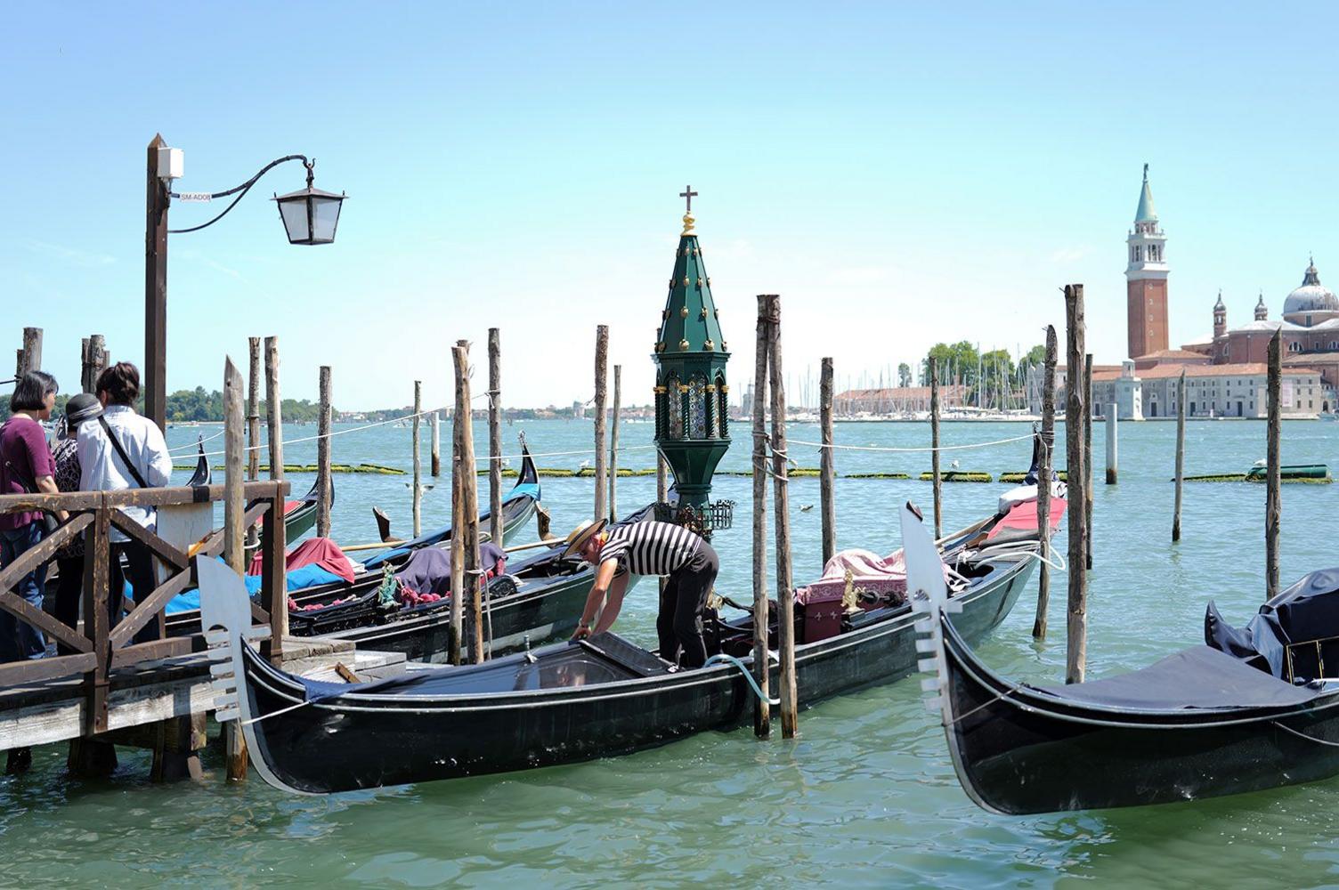 A general view of Venice, Italy, during the wedding of Jeff Bezos and Lauren Sanchez. A number of gondolas are pictured on the water.