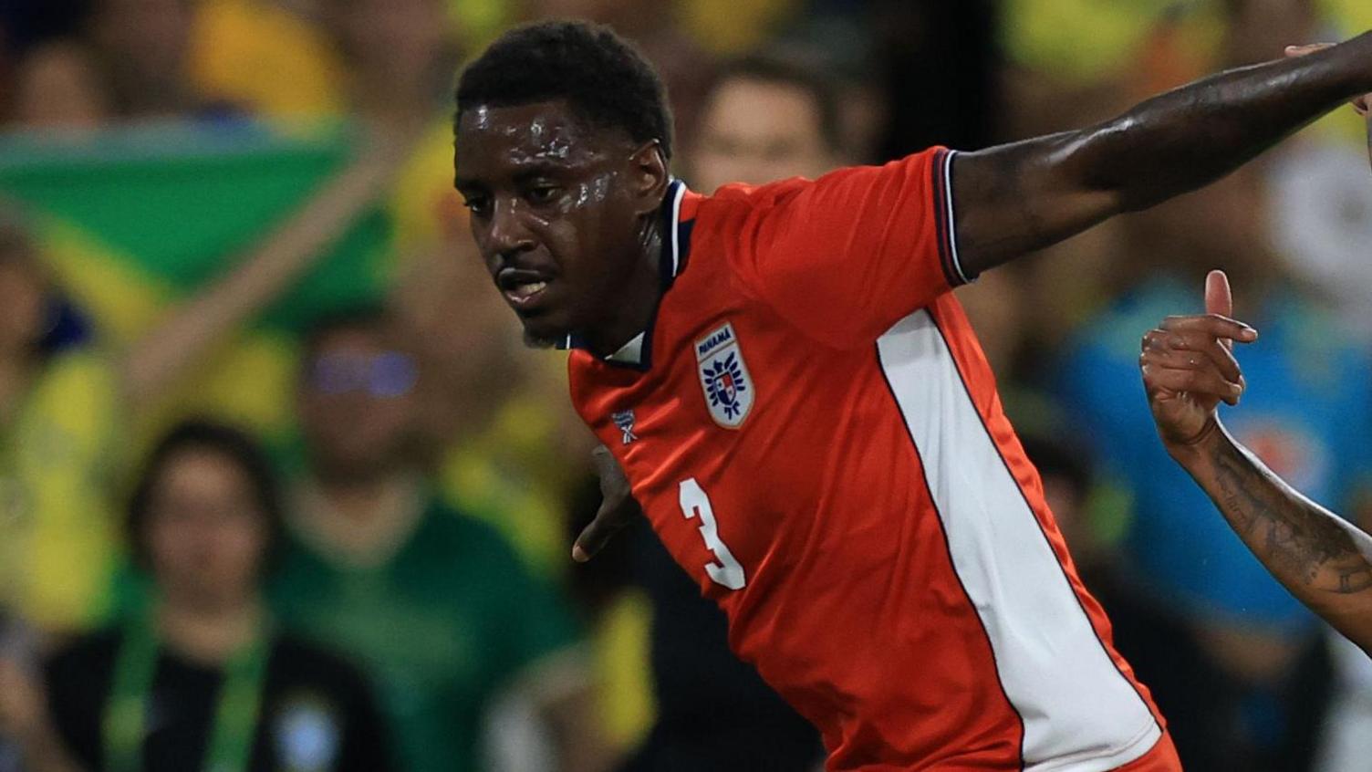 Jose Cordoba wearing Panama's red kit during a friendly with Brazil.