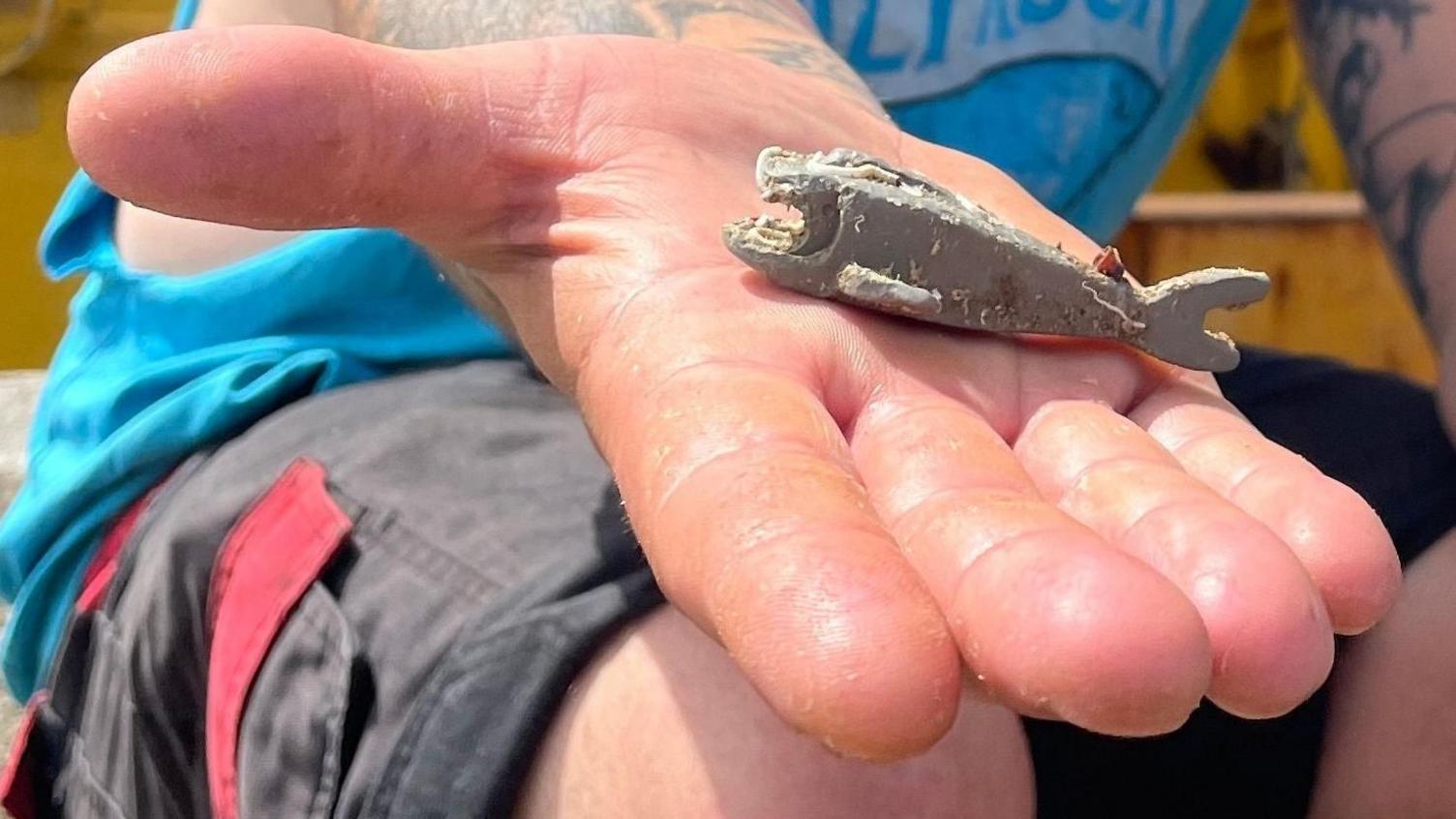Close up of hand holding plastic shark