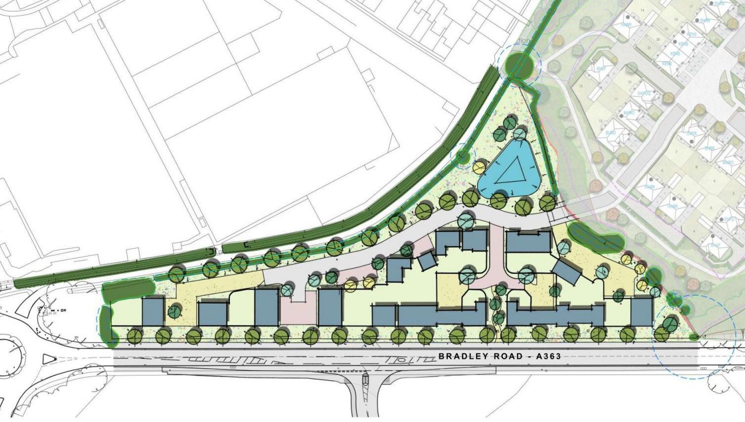 A computer generated aerial map of what the housing development will look like. It is an elongated triangular patch of land, with trees planted around the perimeter and different shaped buildings dotted around the site. At the bottom of the triangle shape is the A363 road.