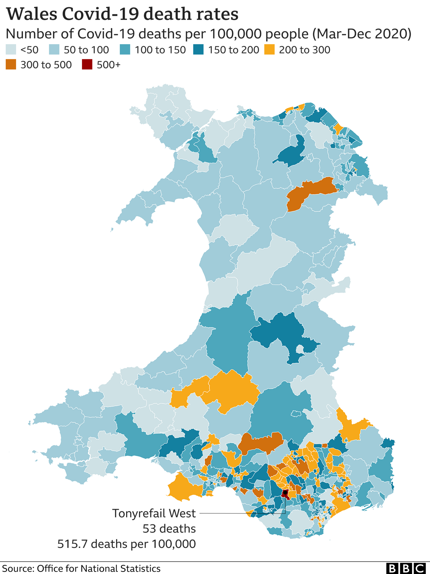 Map showing Covid-19 death rates in Wales