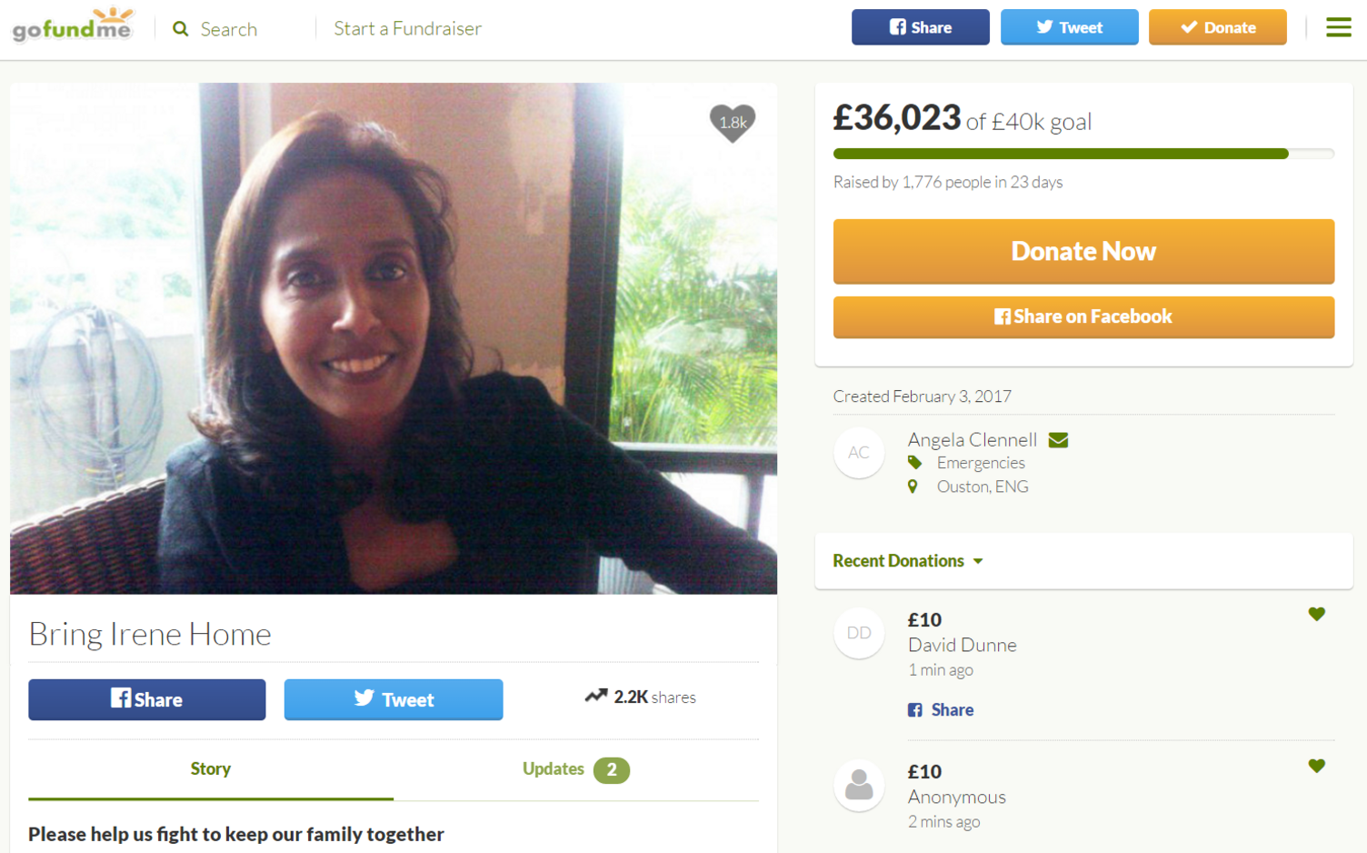 Screengrab of Irene Clennell's funding campaign on gofundme.com