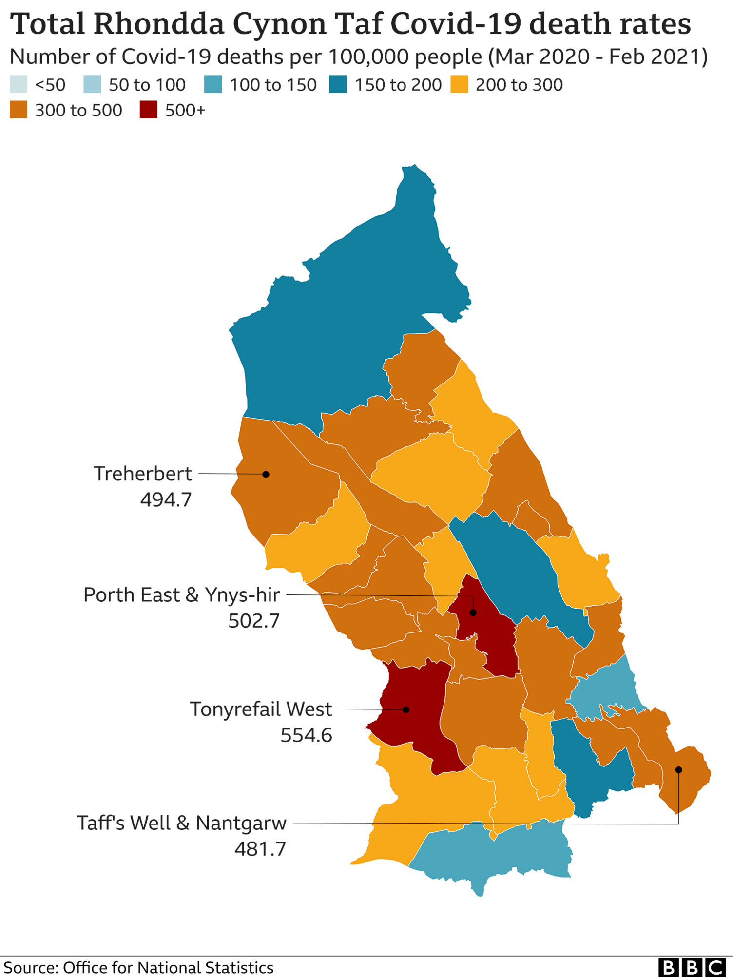 A map of Rhondda Cynon Taf areas, showing highest Covid death rate areas