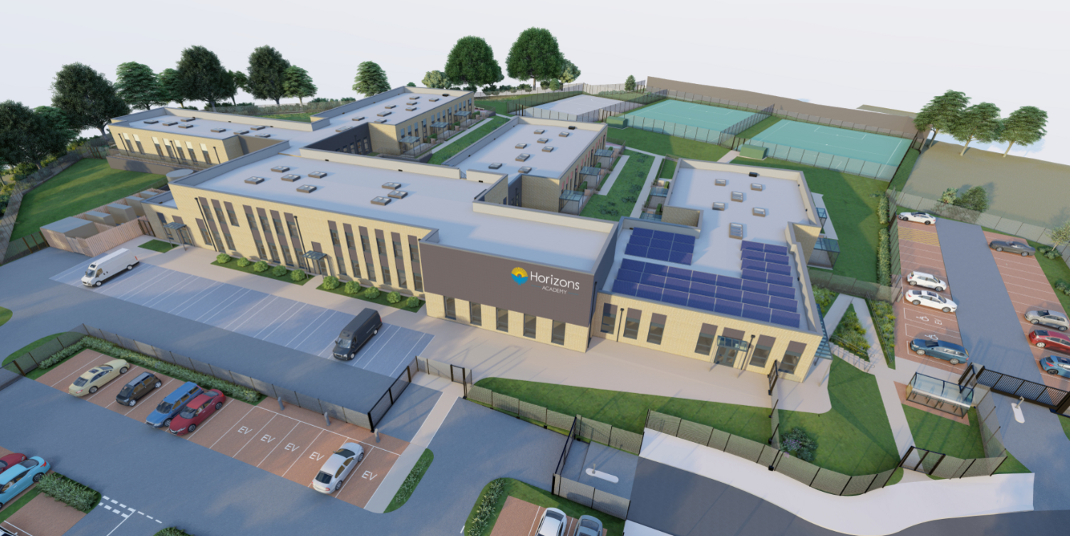 A CGI image of a large school and car parks 