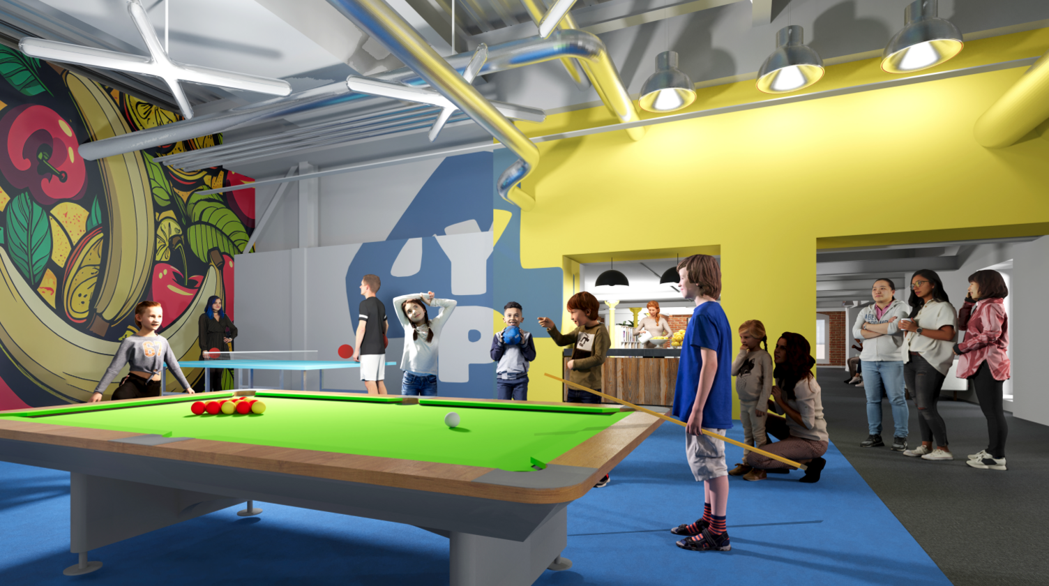 An artist's impression of what the interior of the youth hub could look like. Children play pool together while others watch on. 