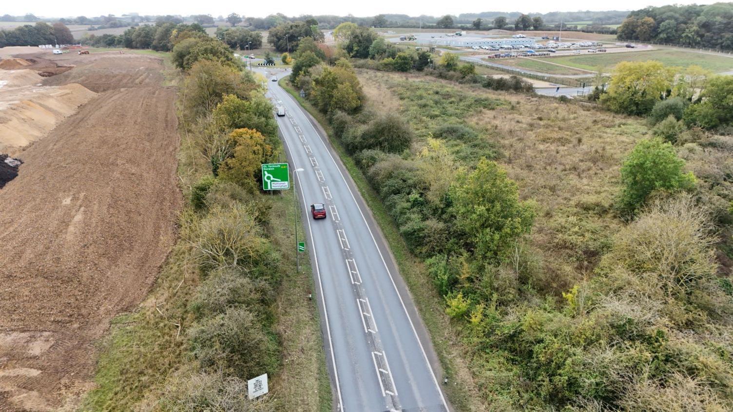 An aerial view of the A47 with preparatory work on one side 