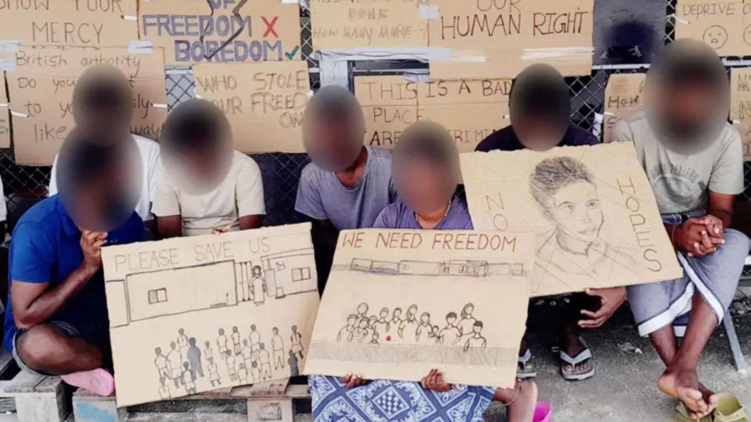 A group of migrants staging a protest on the Indian Ocean island of Diego Garcia