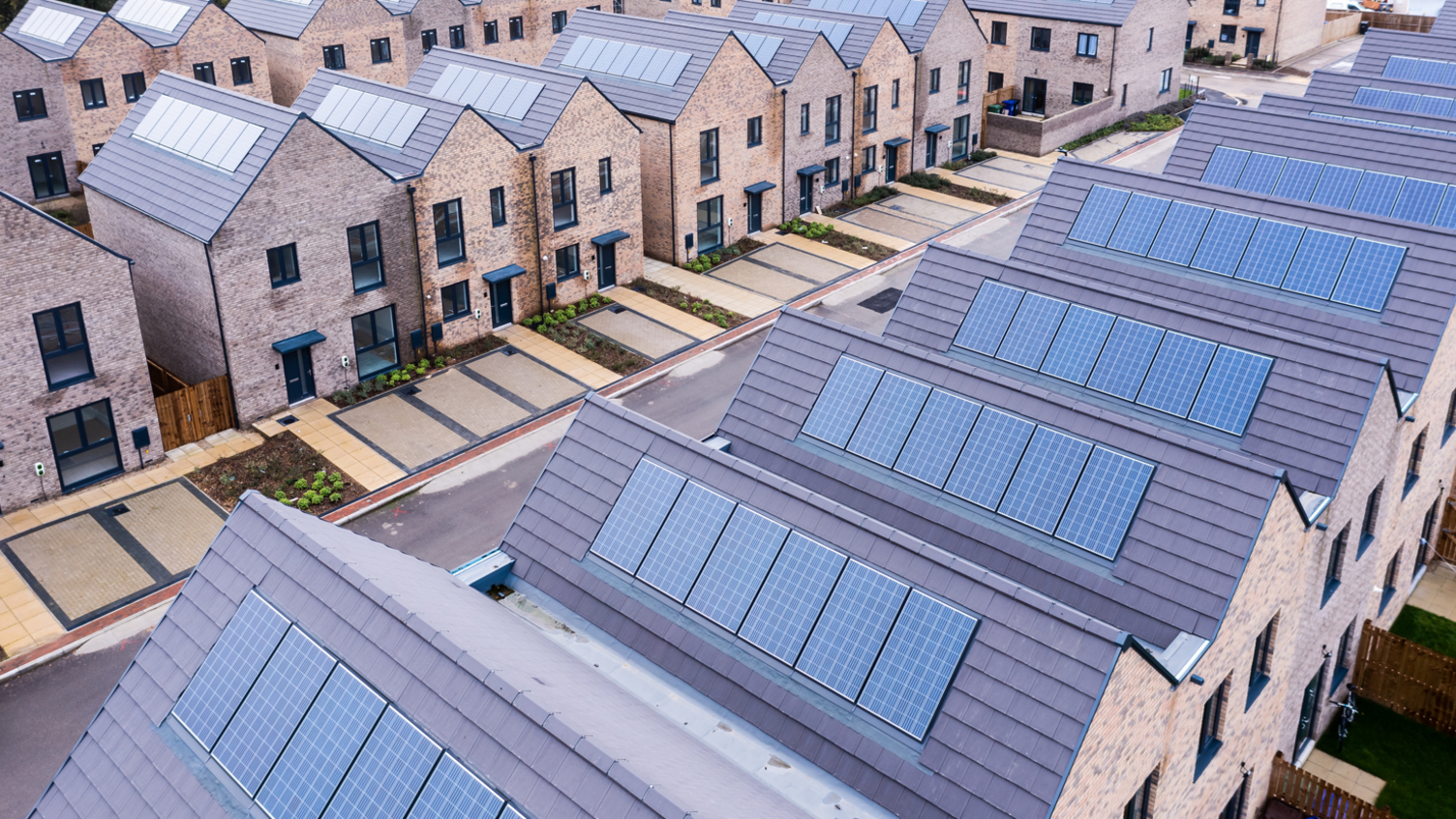 Row of homes with solar panels