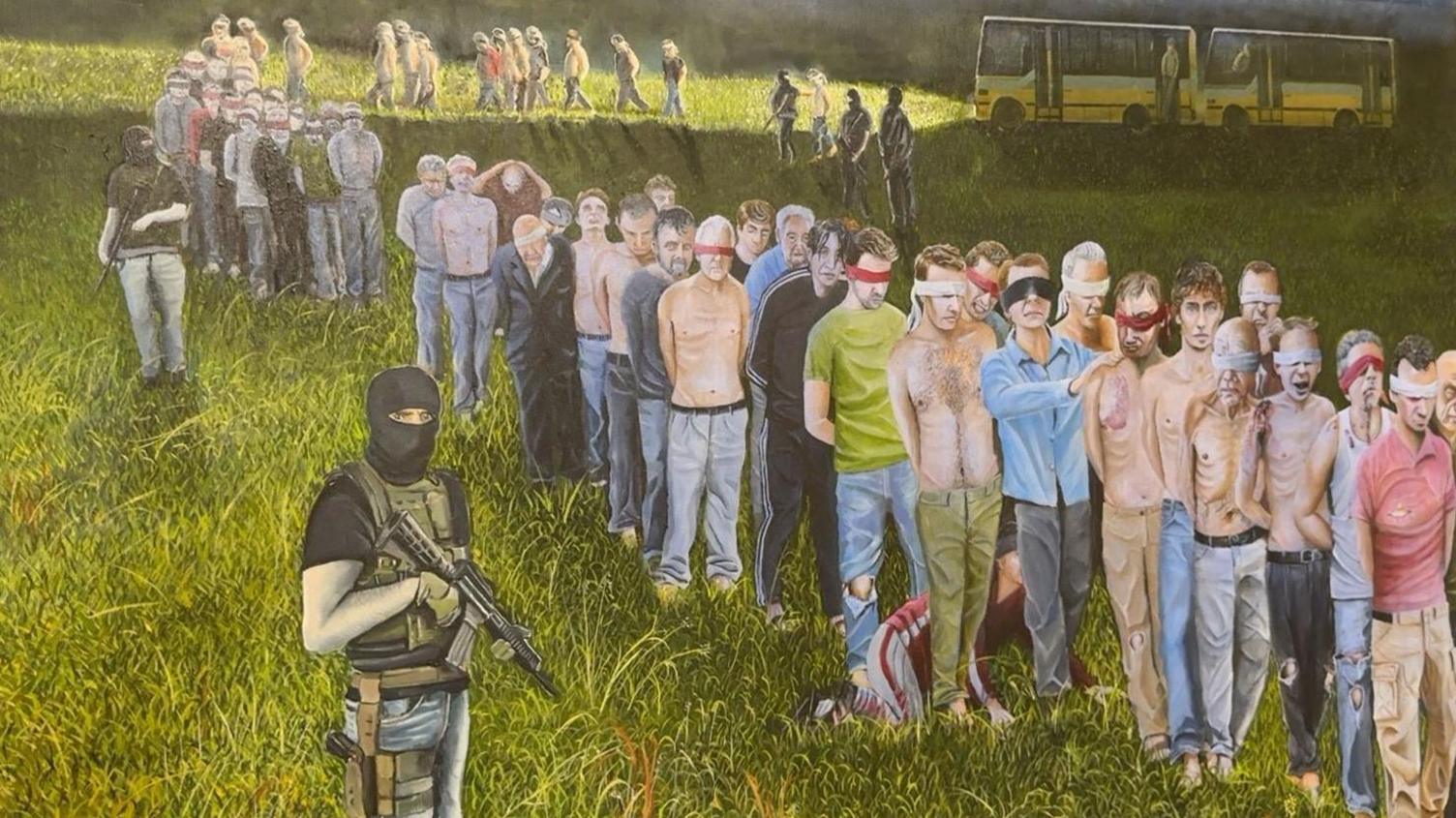 Artwork showing the Srebrenica massacre shows men lined up in a field and men around them standing with guns. Many of the men who are lined up have blindfolds on. Many are not wearing a top and their ribs are showing through their skin. One has his hand on another man's shoulder.