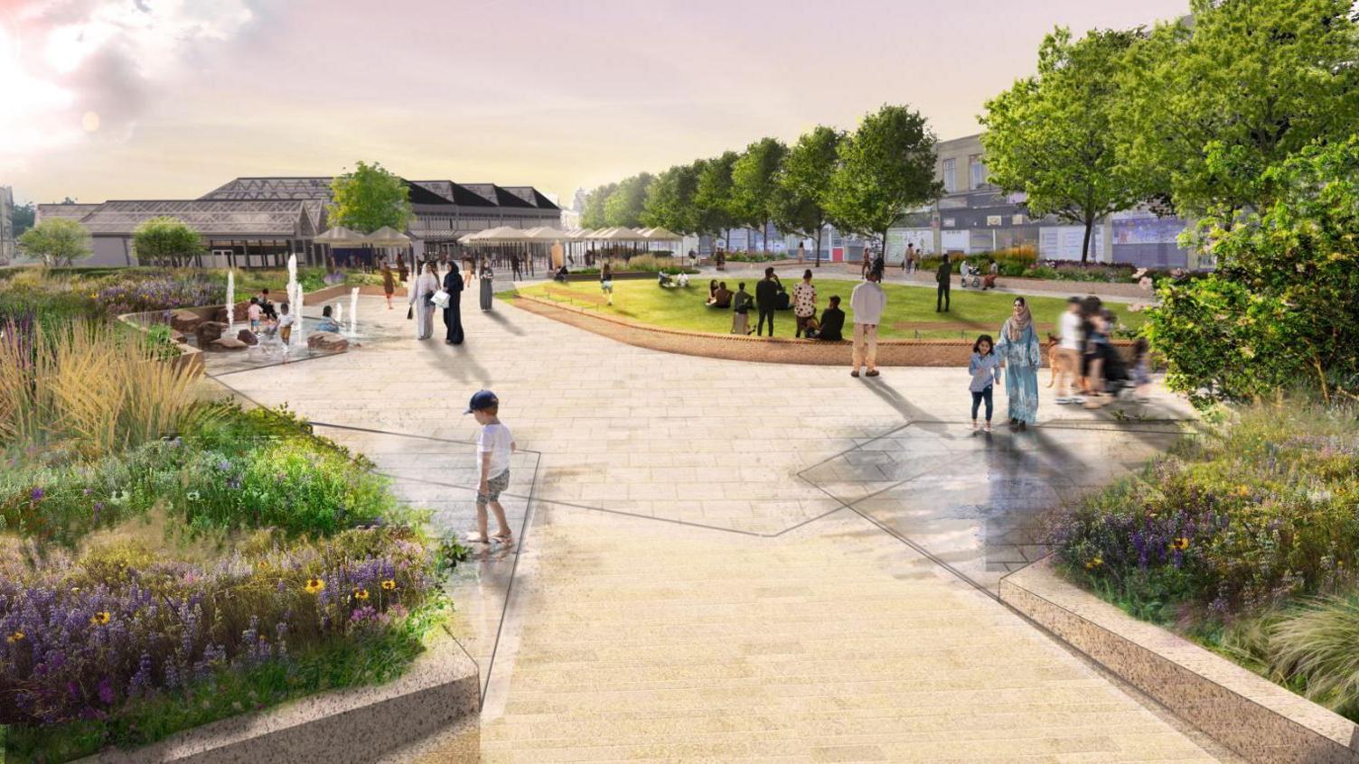 An artist's impression of a new park in Dewsbury, there is a large paved area with flower beds at each side and a grassed area, with people milling about and some fountains on the left.