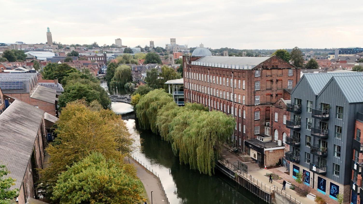 Norwich skyline showing St James Mill next to the River Wensum