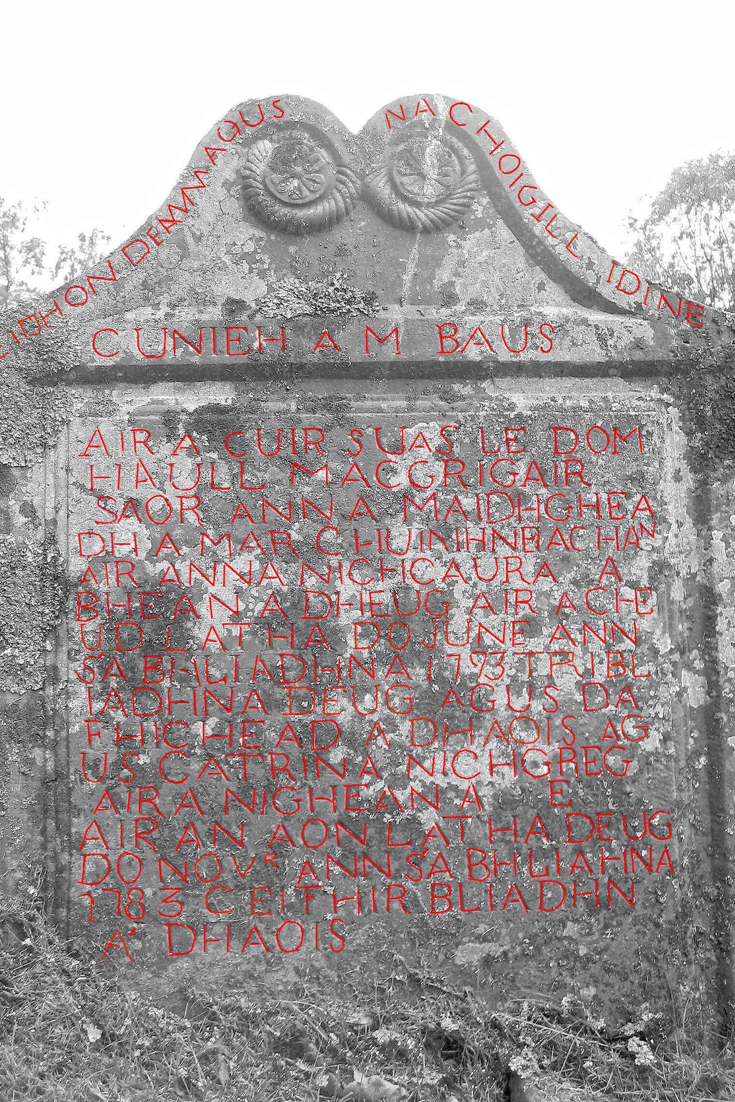 Dealbh nas fhoillisiche de chliathaich Ghàidhlig chloich-uaighe Mhàigh Eadh