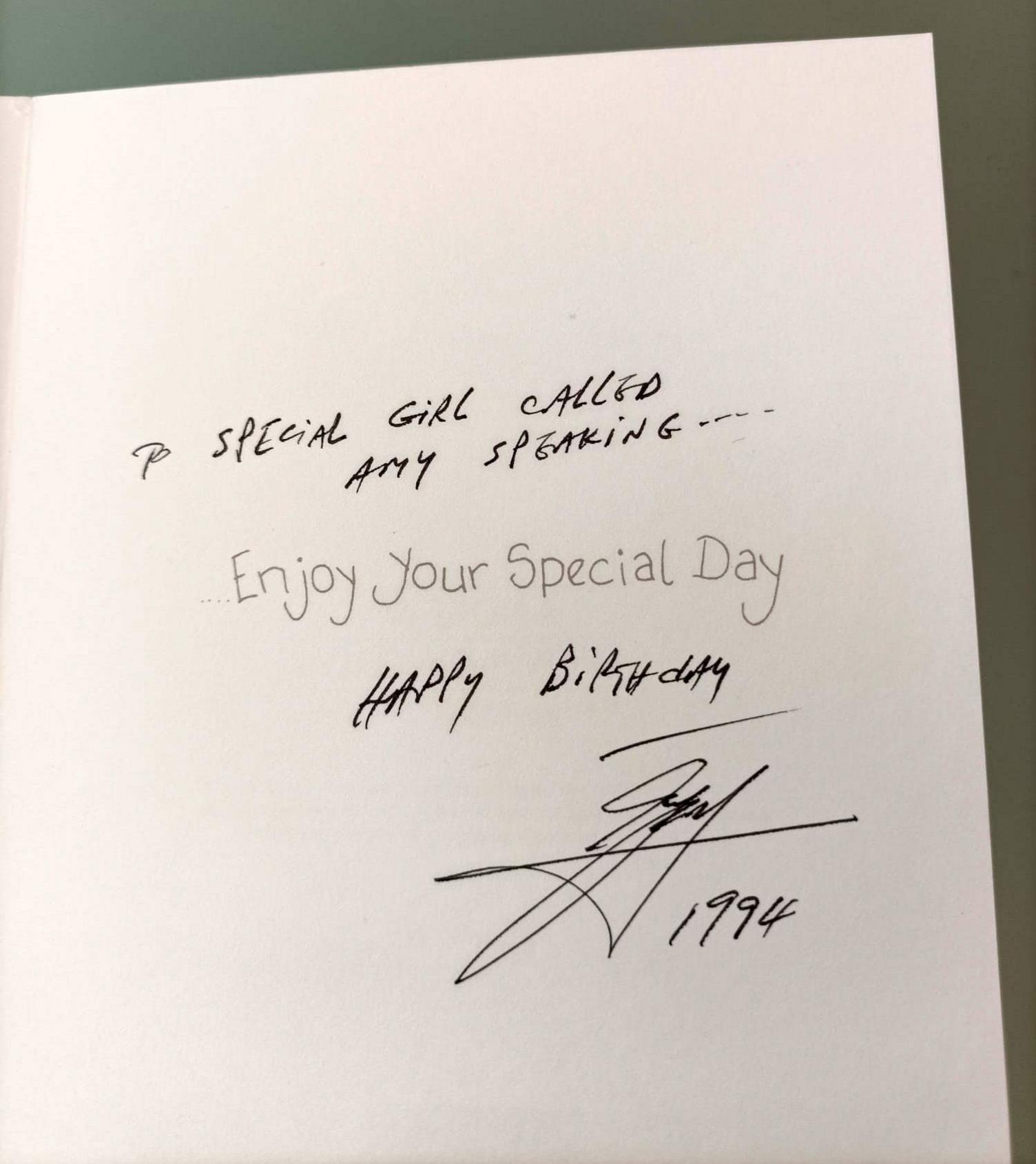 A close-up photo of the inside of a birthday card Amy says Ali sent her. 'To a special girl called Amy Speaking' is written in the card as well as 'happy birthday' and a signature with '1994' beneath 