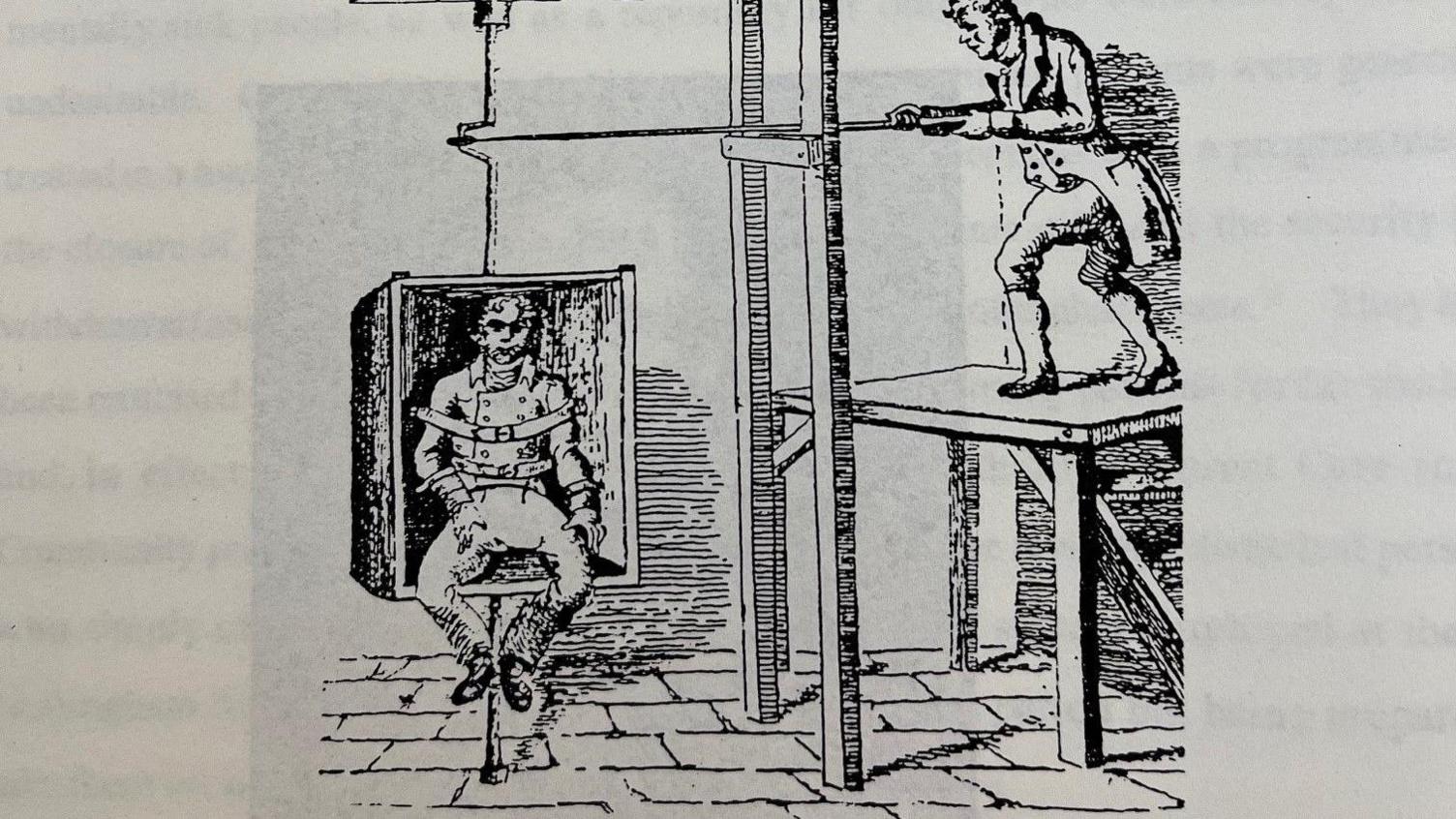 Illustration of a man strapped into a box, which is being rotated on a pole