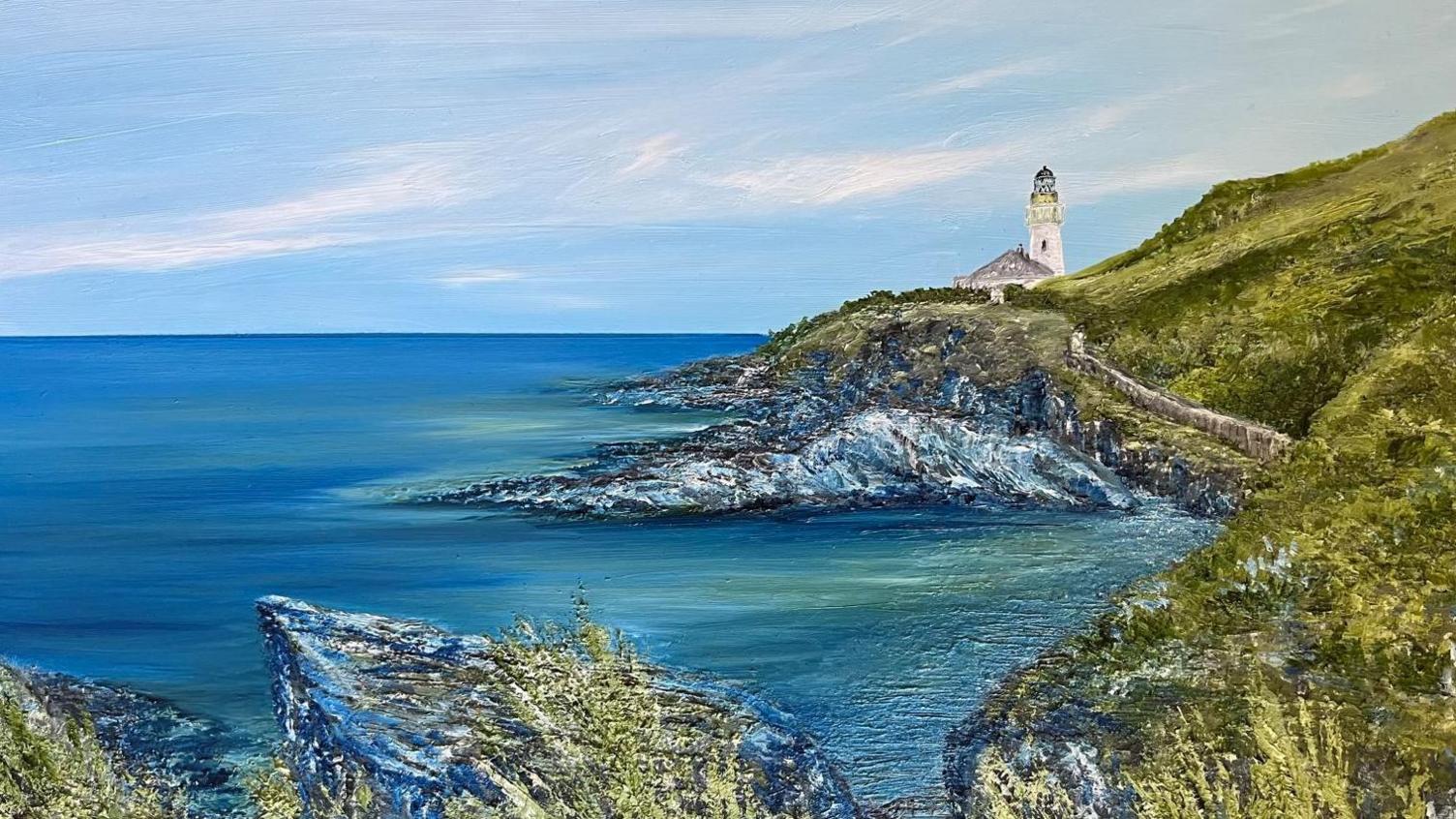 An oil painting of Port Skillion in Douglas. it features a blue bay, green hills, brown coastal rocky outcrops and a white lighthouse.