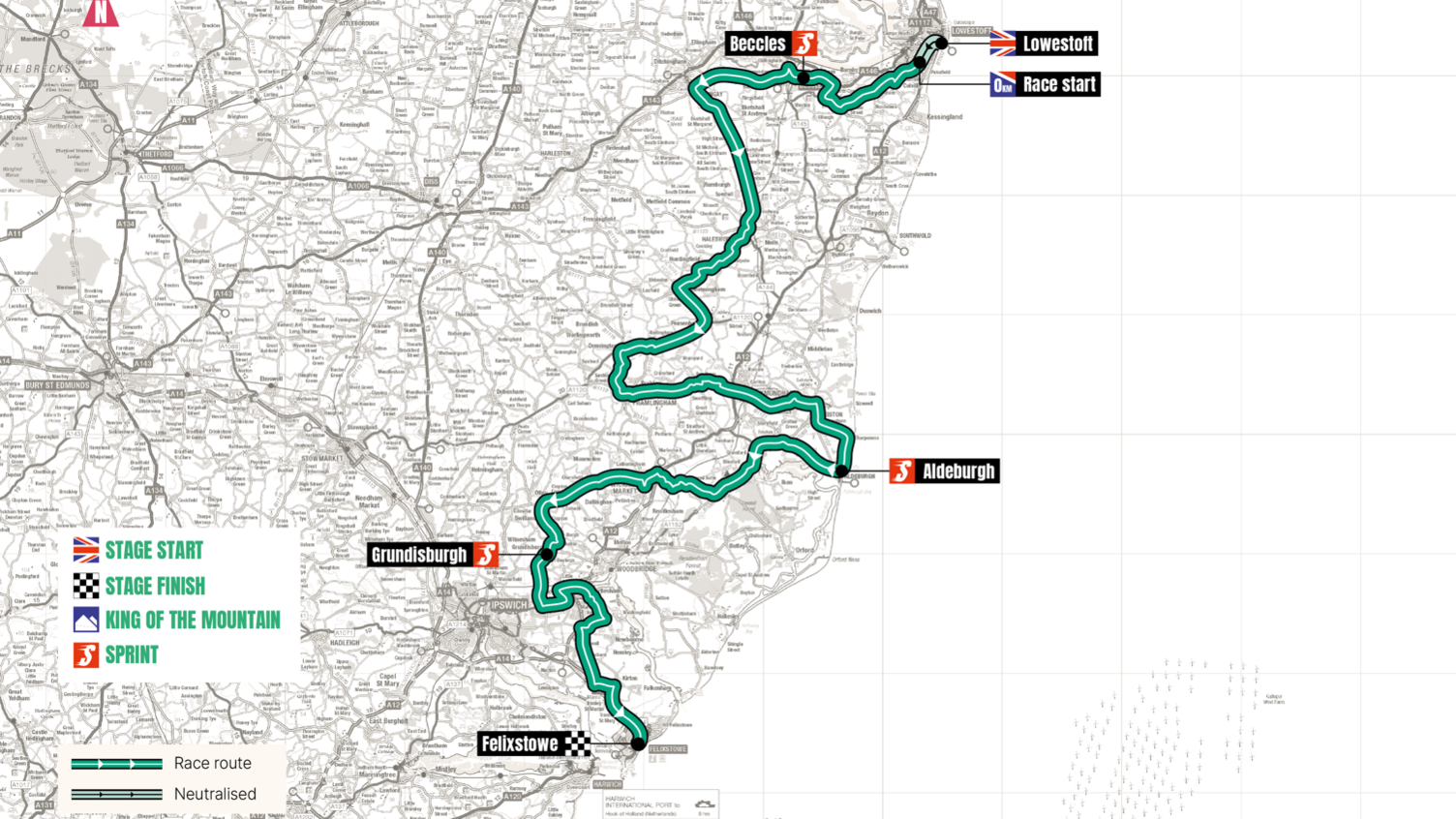 This is the route the Tour of Britain Men will take through Suffolk. It is a map of the county with the route shown as a green line snaking across the map from Lowestoft to Felixstowe.