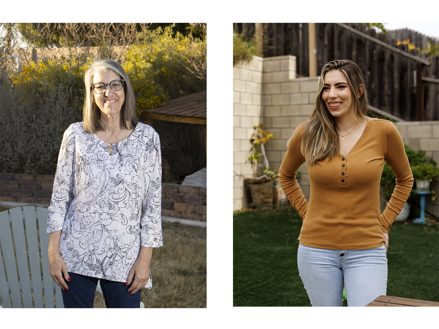 Two photos of Danni and Jordan both pictured in their gardens, they are smiling