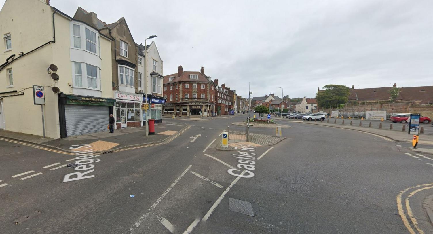 Castle Road/North Marine roundabout in Scarborough looking towards Scarborough Castle with Regent Street on left and St Thomas Street on the right