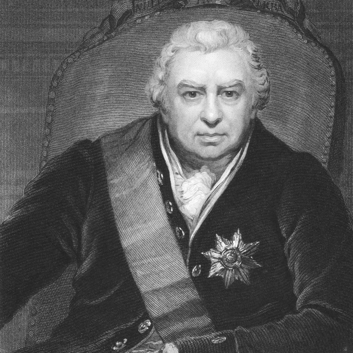A monochrome drawing of a middle-aged man with white hair, sitting in a chair. He is wearing a dark coat with a star-shaped badge on the chest and a sash across his front. He has a purposeful look on his face.