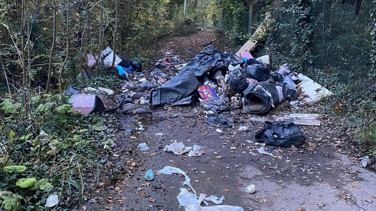 A large pile of fly-tipped rubbish, including black bin bags with rubbish spilling out, on a narrow path through woods. Fallen leaves are also strewn across the path.