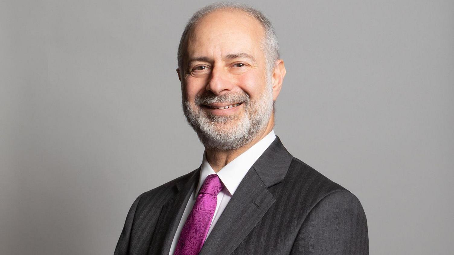 Hamilton stands in front of a plain grey background. He is dressed in a dark grey pinstripe suit paired with a white dress shirt and a vibrant purple tie that has a subtle pattern. He has short hair and a beard and is smiling while looking directly at the camera.