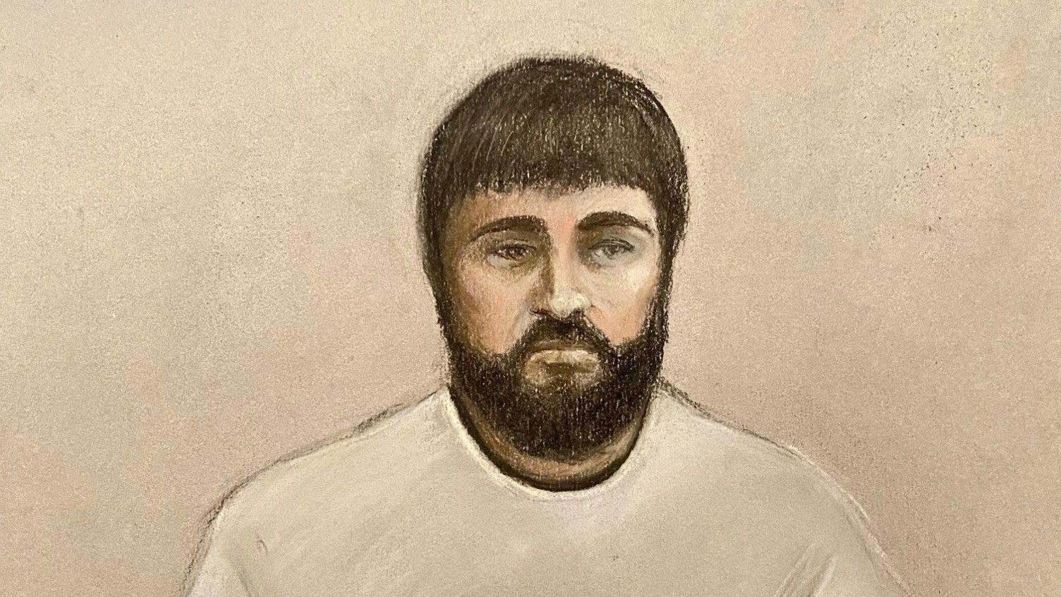 Court drawing of a man with a thick black beard and wearing a cream sweater