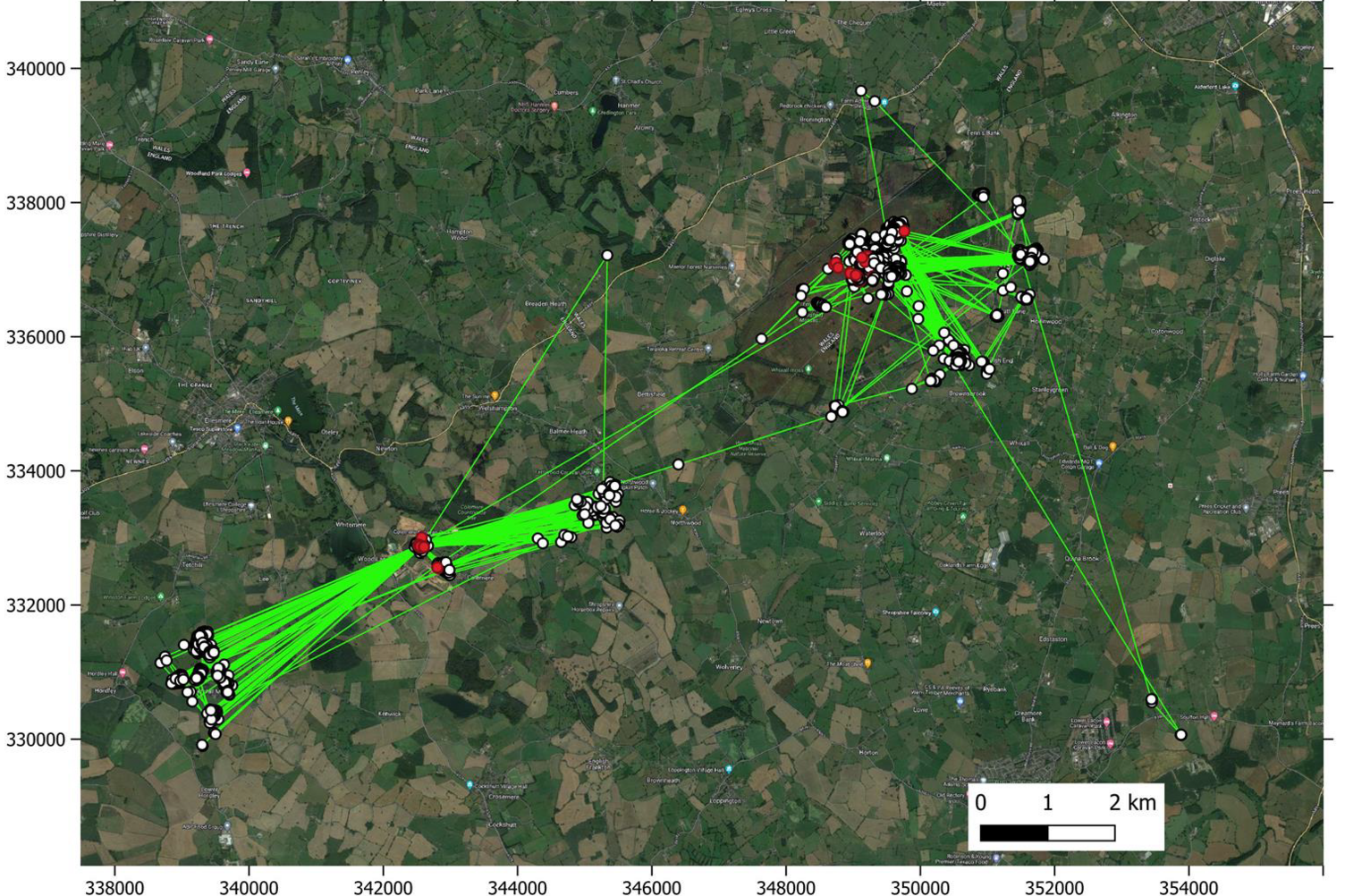 A satellite imagery map, showing GPS tracking of curlew with dots showing where they have stopped 