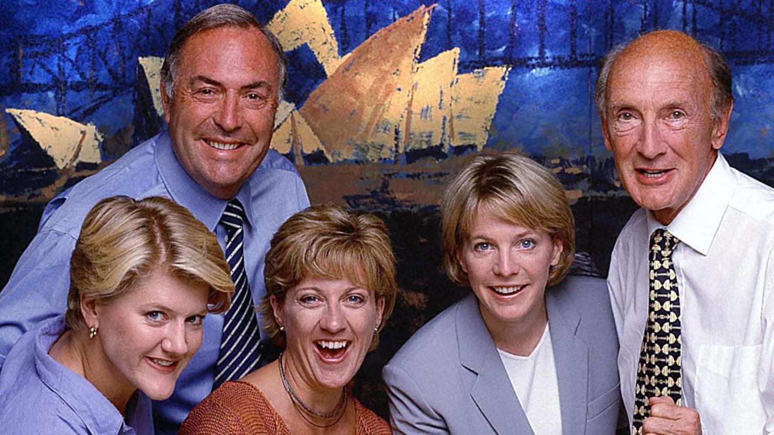 Two men and three women - Clare Balding, Stuart Storey, Sally Gunnell, Hazel Irvine and Barry Davies