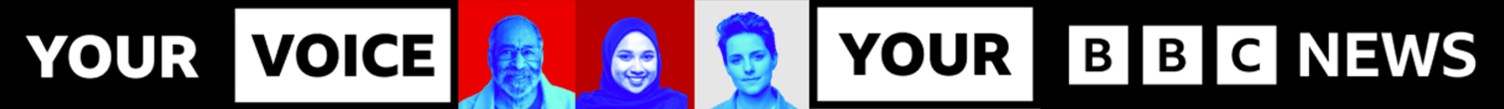 Your Voice banner image. The writing is in black and white and there are head and shoulder shots of people coloured blue against red backgrounds.
