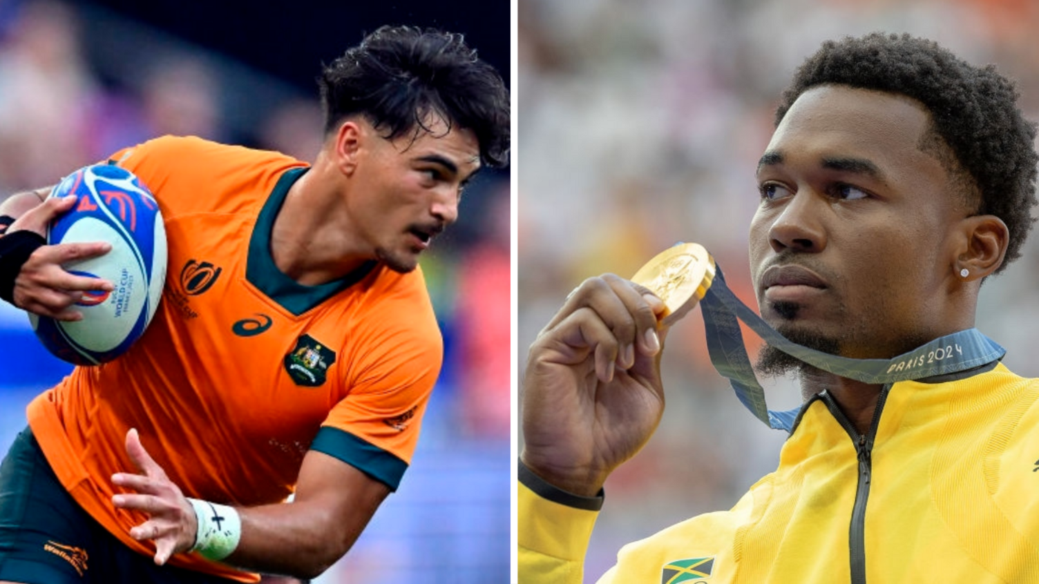 Split image showing Jordan Petaia playing rugby union for Australia and 
Roje Stona holding his Olympic gold medal in a Jamaica tracksuit