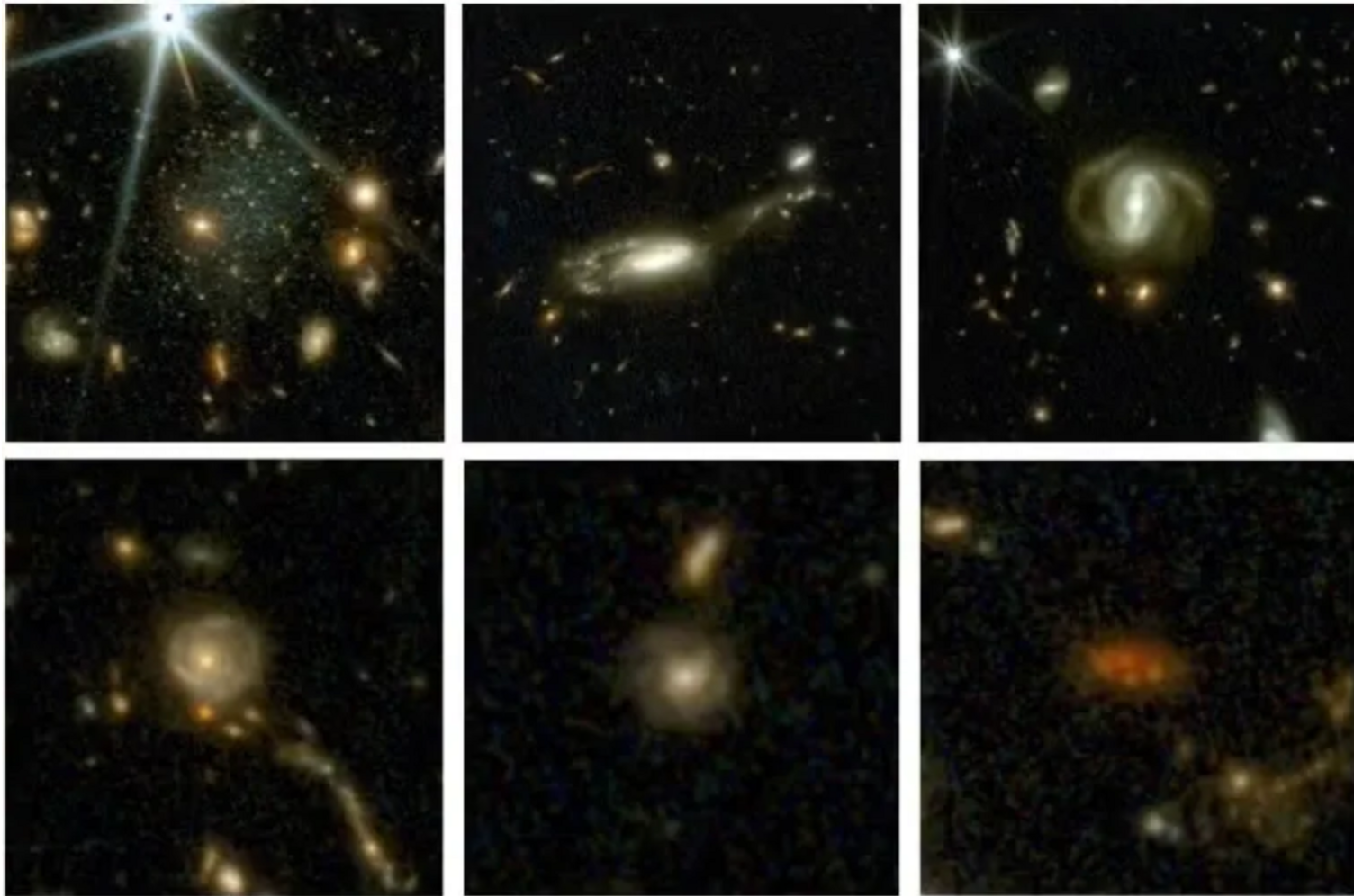 Six galaxies from the COSMOS-Web map, each with a different age.