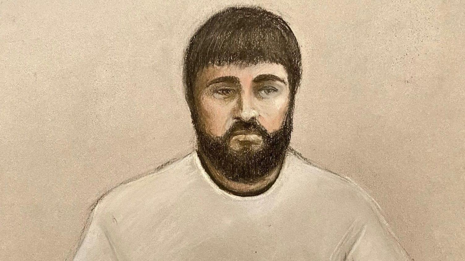 An artist's sketch of Kyle Clifford during the court hearing. He is wearing a light coloured jumper and has brown hair and a beard.