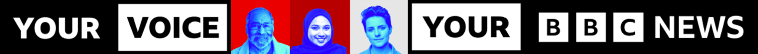 BBC Your Voice, Your BBC News logo banner image in black and white with head and shoulder shots of people coloured blue against a red background.