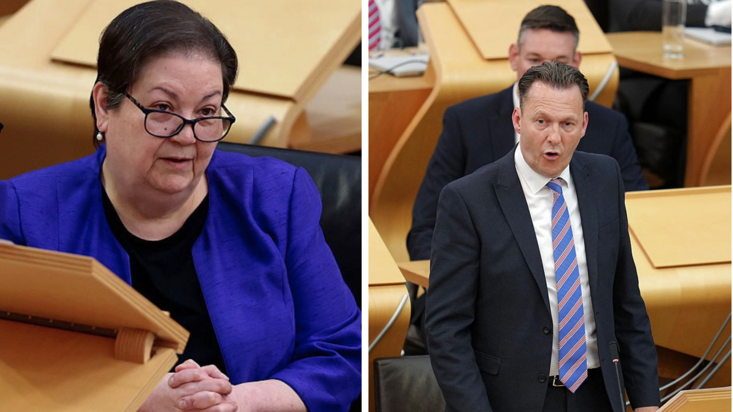 Jackie Baillie in Scottish parliament wearing a blue jacket, and Russell Findlay wearing a black suit and blue and red striped tie 