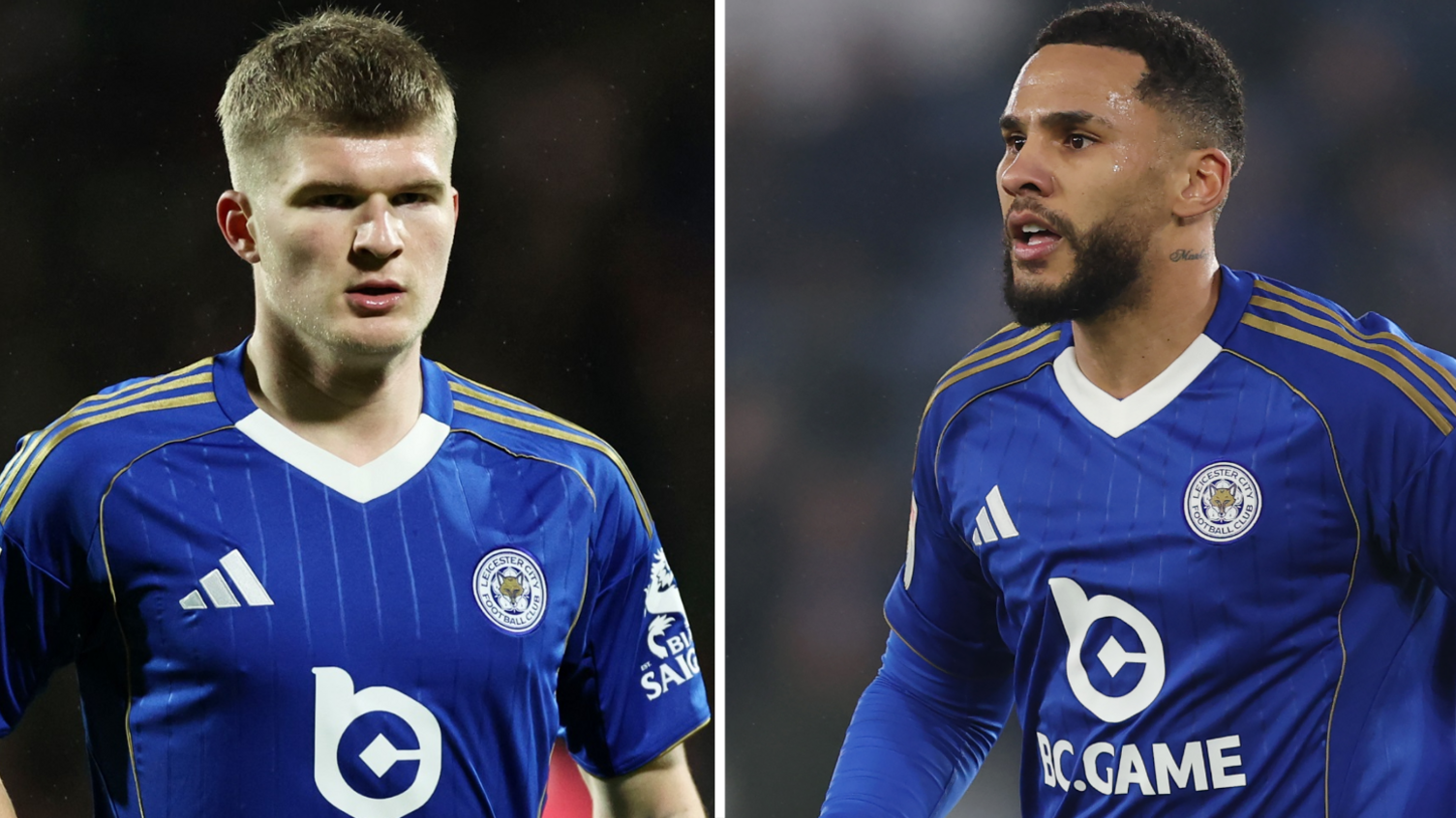 Side-by-side photos of Jordan James and Jamaal Lascelles wearing a Leicester City home shirt