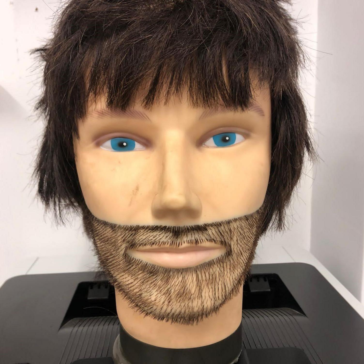 A mannequin head, used for hairdressing, with blue eyes, black hair and a black beard.