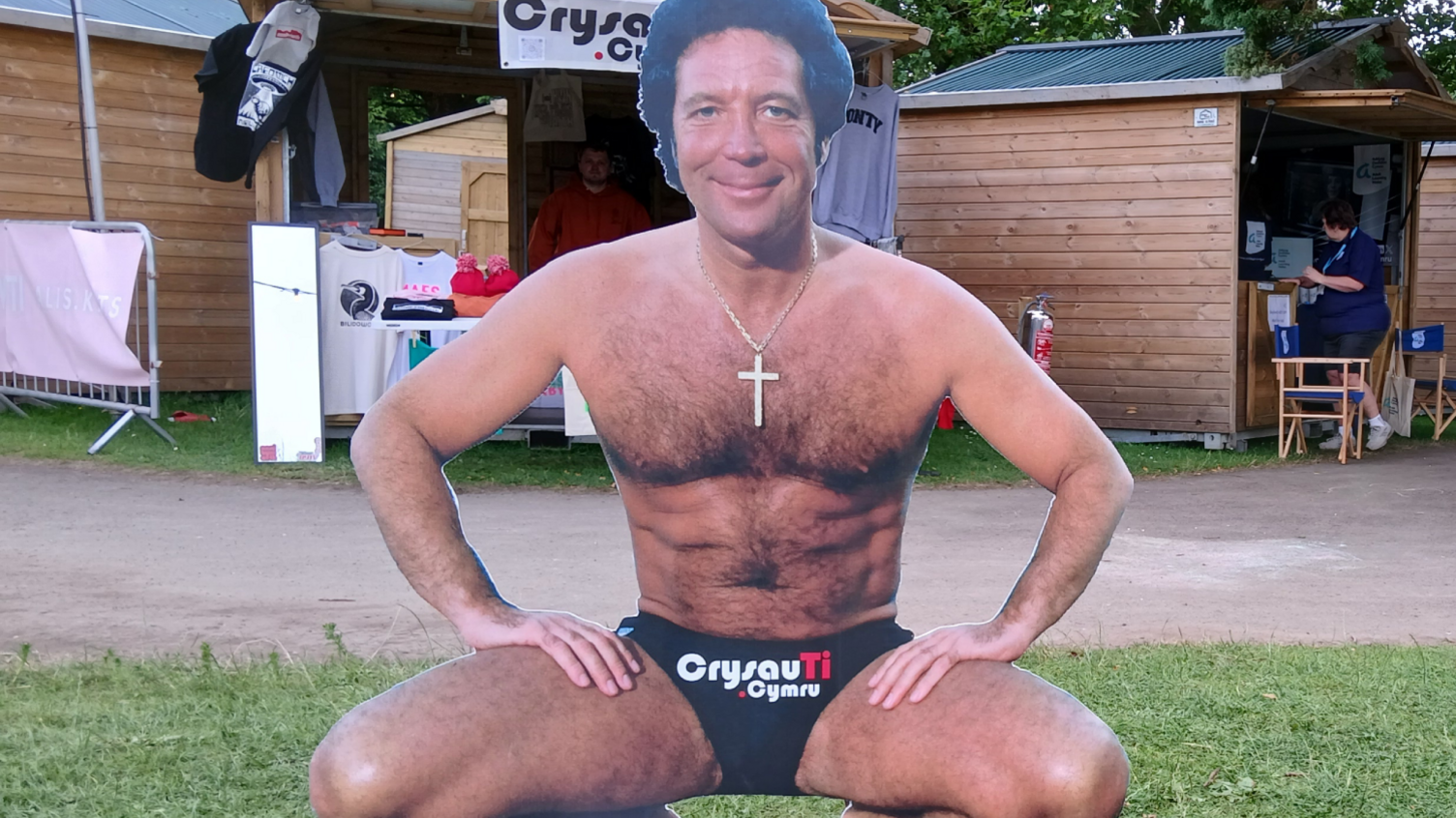 Cardboard cut-out of Sir Tom Jones in his bathers in Ynysangharad Park