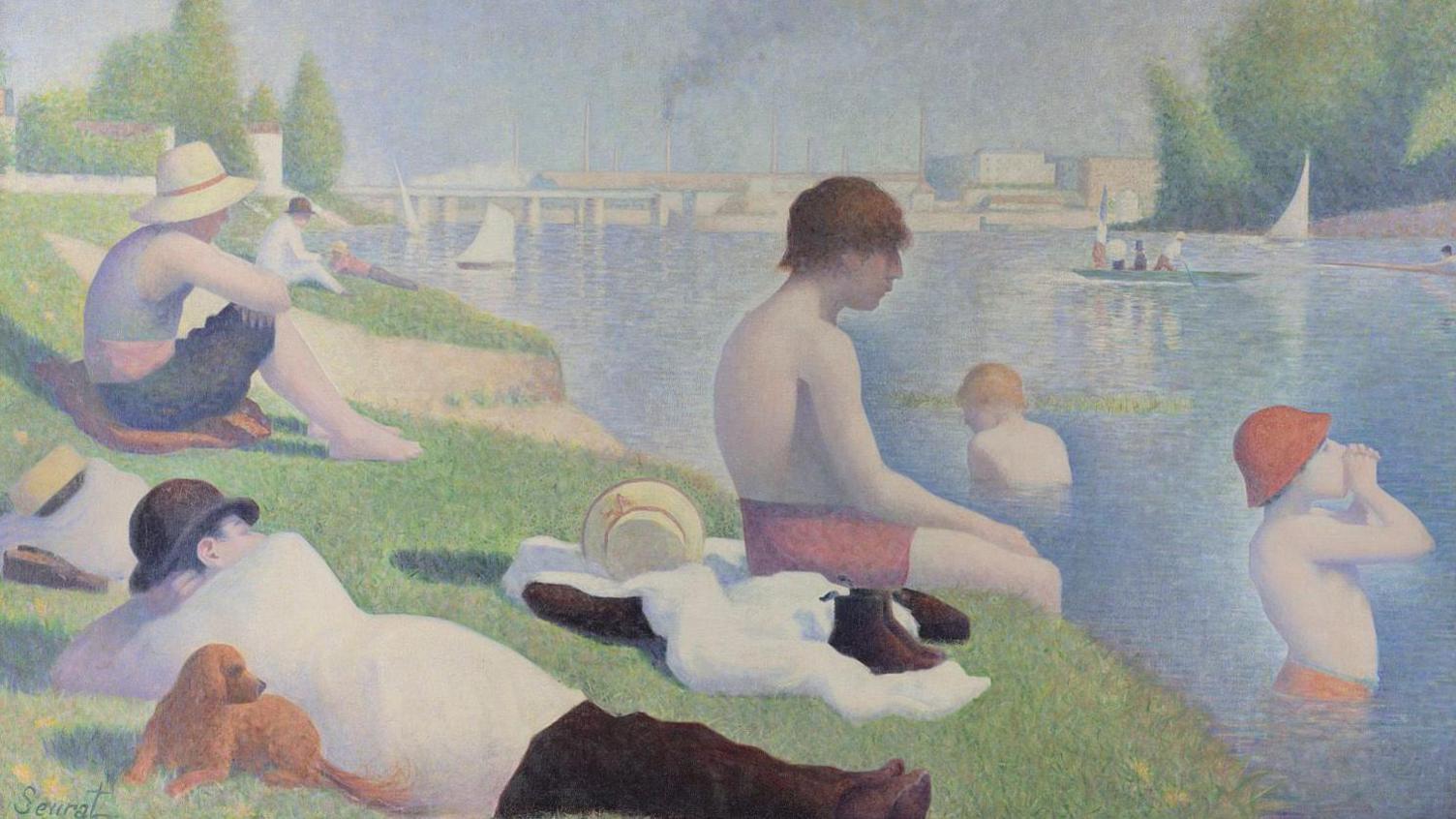 An impressionist painting of bathers by the Seine river in Paris. 