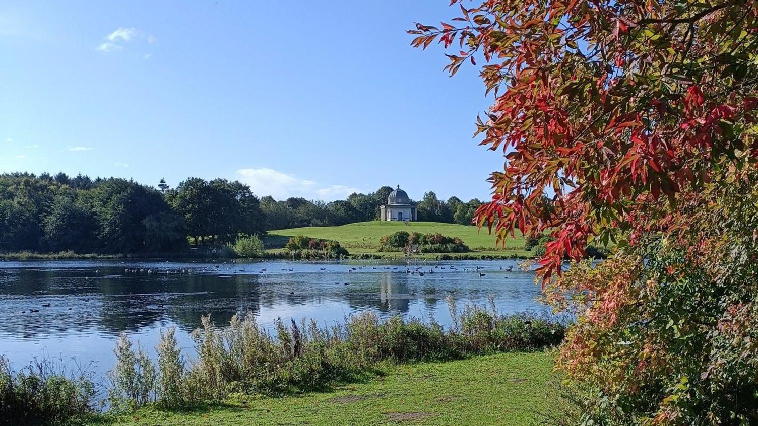 A lake surrounded by trees and patches of grass. The leaves on a tree in the right corner are turning red. Ducks can be seen on the pond in the distance, along with a stone, domed building which sits on a green hill behind the lake.