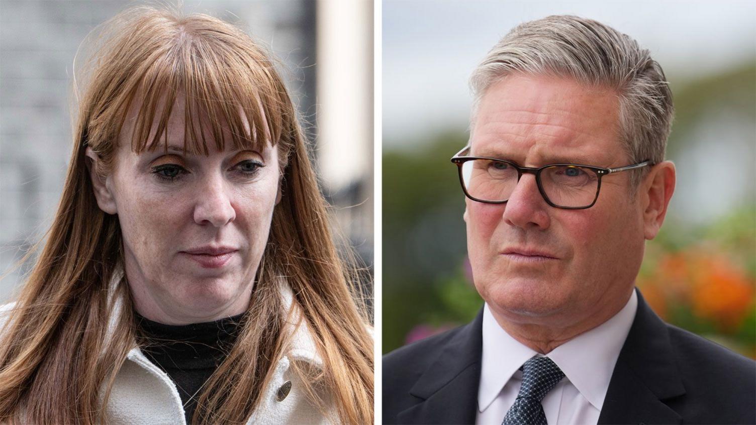 Split image of Angela Rayner and Sir Keir Starmer with serious expressions on their faces
