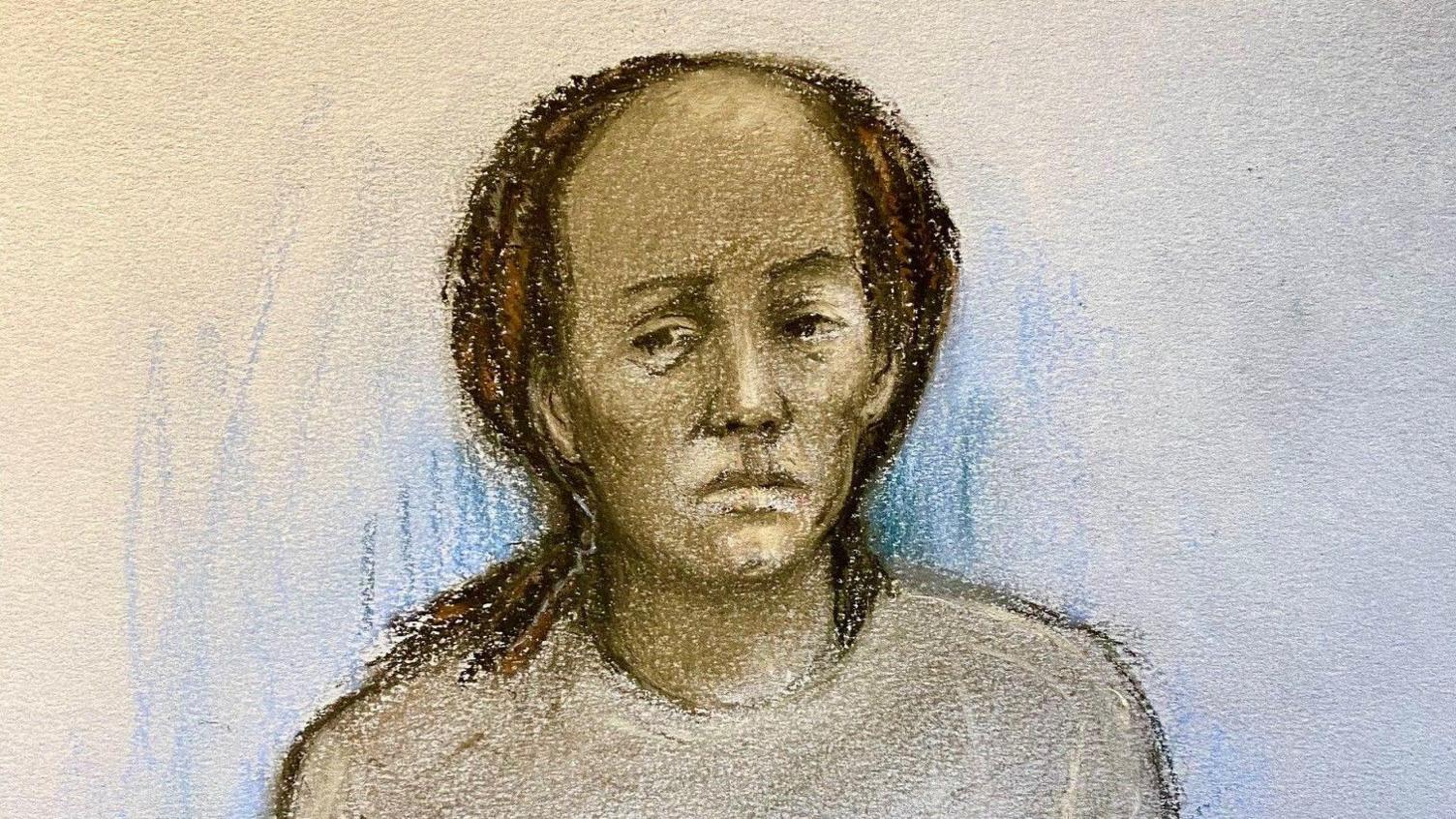A court sketch of Keziah Macharia appeared via video link in a grey tracksuit